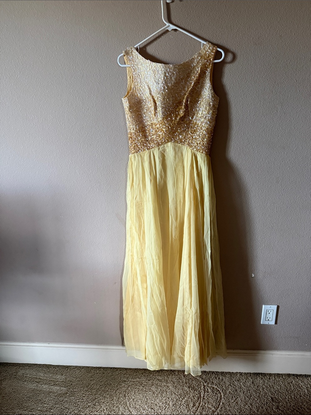 Vintage 1960s Emma Domb California Yellow Sequin floor length evening gown